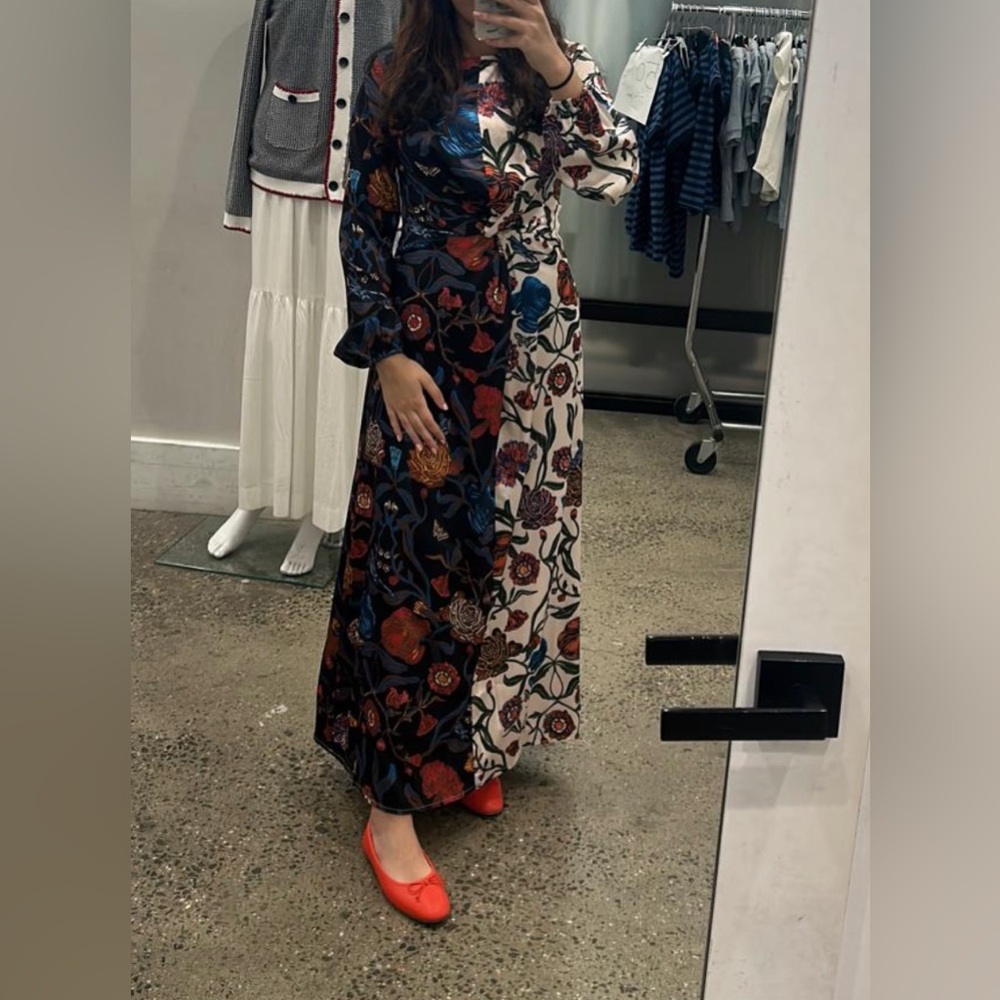 Floral Two-Tone Long Sleeve Maxi Dress - Navy & White